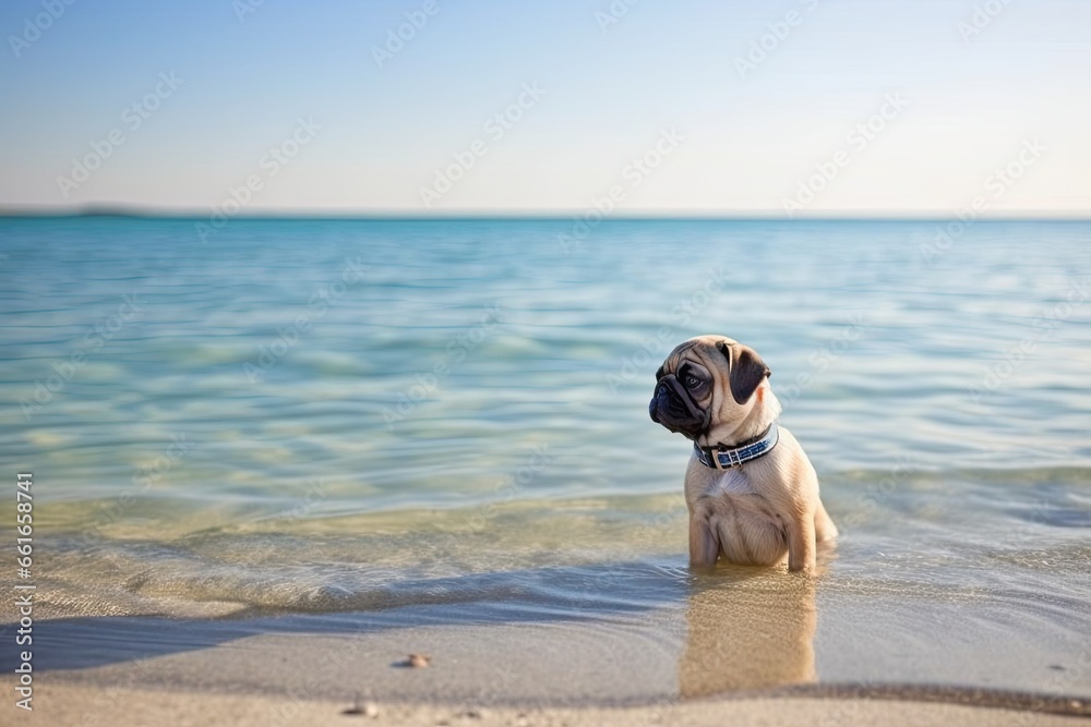 Curious Pug Explores Beach for the First Time - Captivating Pug Pictures, generative AI