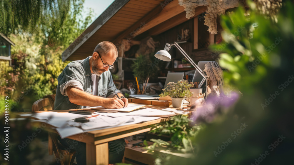 Architect working with laptop and blueprint in home garden in summer Architect working with laptop and blueprint in home garden in summer