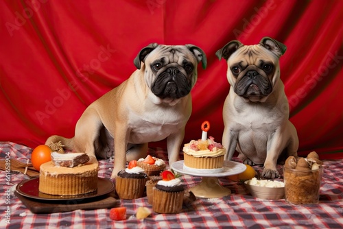 Pugs Birthday Party Photographs: Capturing Adorable Pugs and Their Furry Friends Celebrating Together, generative AI