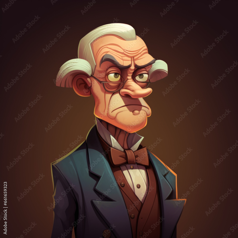 Cartoon illustration of an elderly disgruntled gentleman wearing glasses