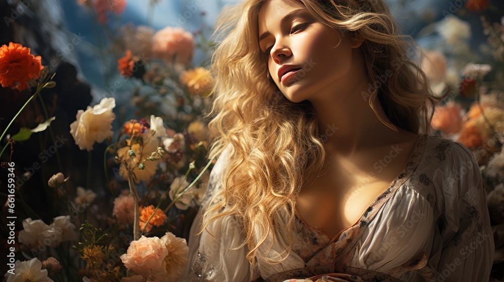 Blonde woman amidst vibrant flowers under a blue sky, capturing nature's beauty and ethereal elegance.