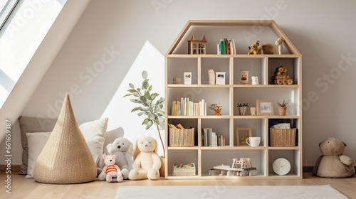 A clutter-free playroom with organized toy storage
 photo