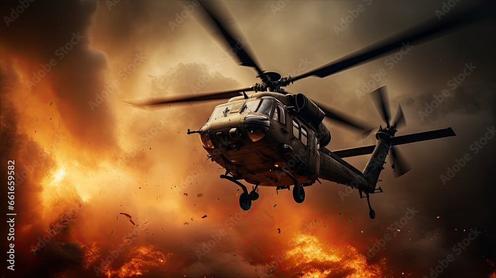 A military helicopter flies through fire and smoke. A military helicopter flies through fire and smoke.