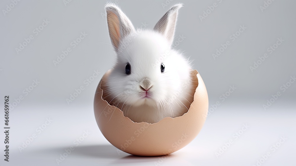 Obraz premium Cute white rabbit with egg on a white background.