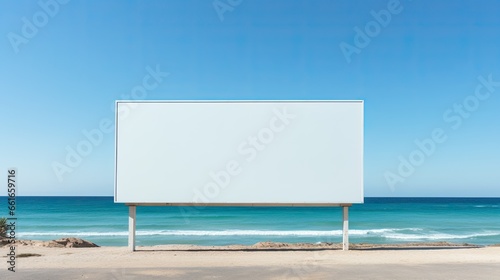 Blank billboard set against the backdrop of a sunny beach day.