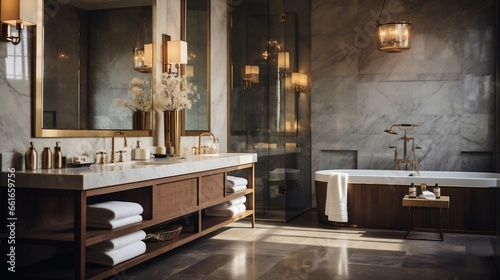 A polished marble bathroom with spotless fixtures 