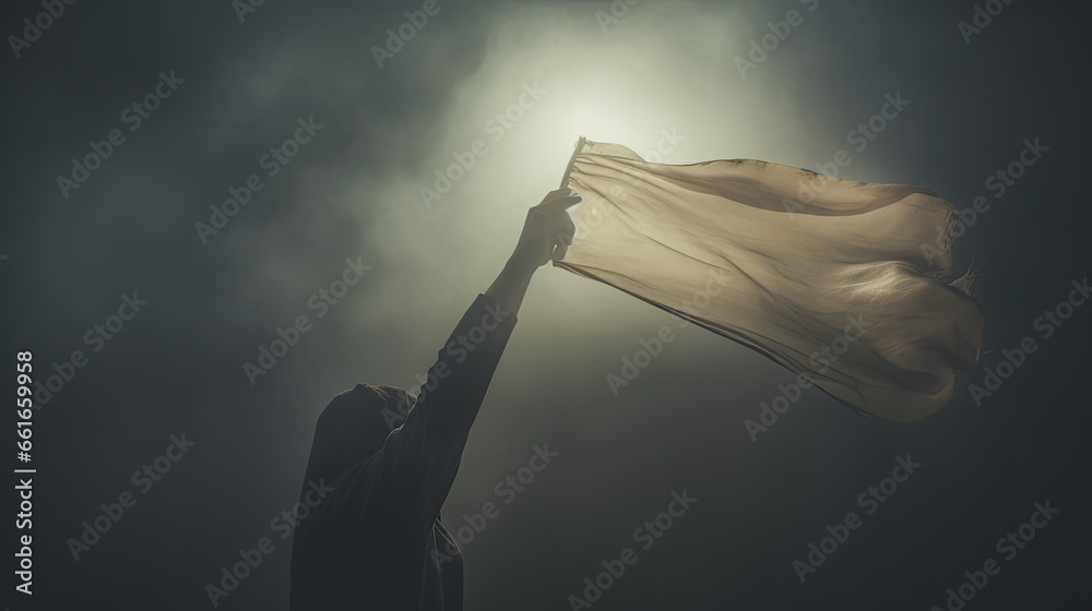 Image of an outstretched hand clutching a white flag. - obrazy, fototapety, plakaty 