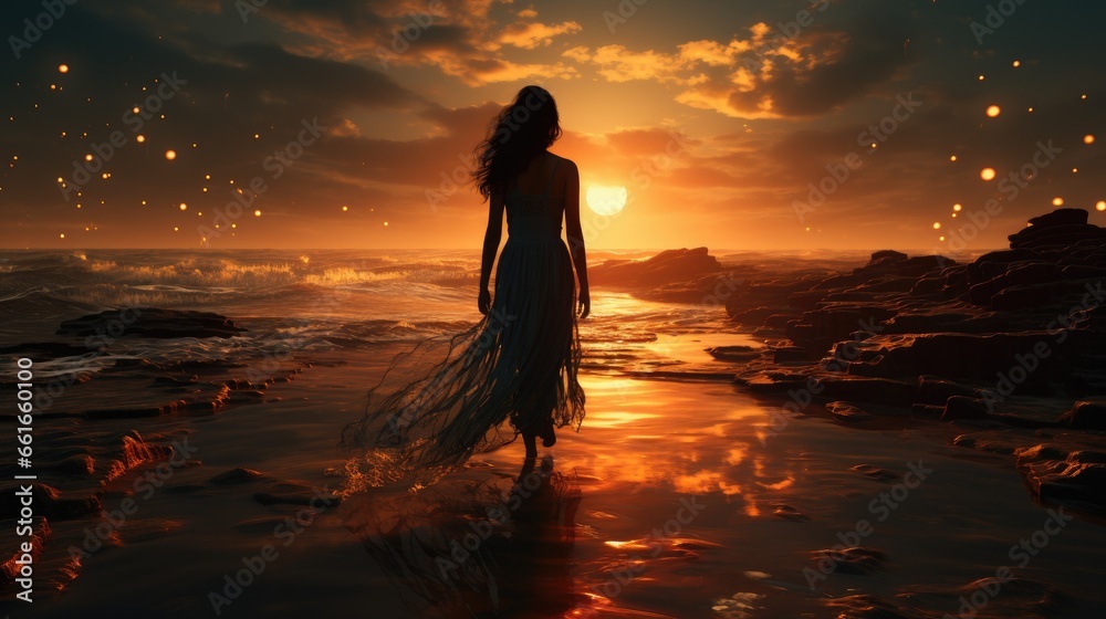 Fototapeta premium Image of woman on the beach at sunset.