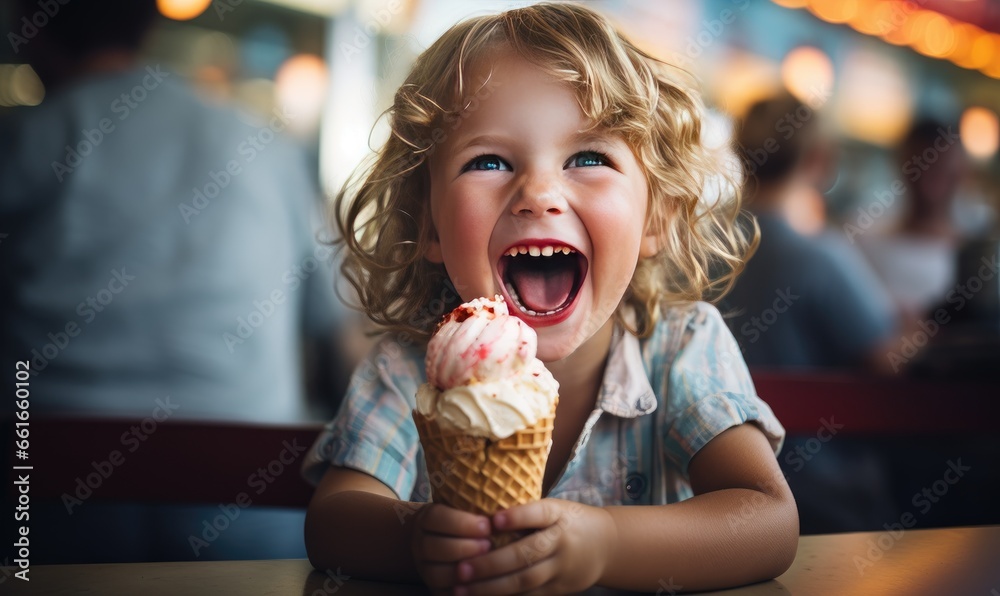 Joyful child holding ice cream. Joyful child holding ice cream.