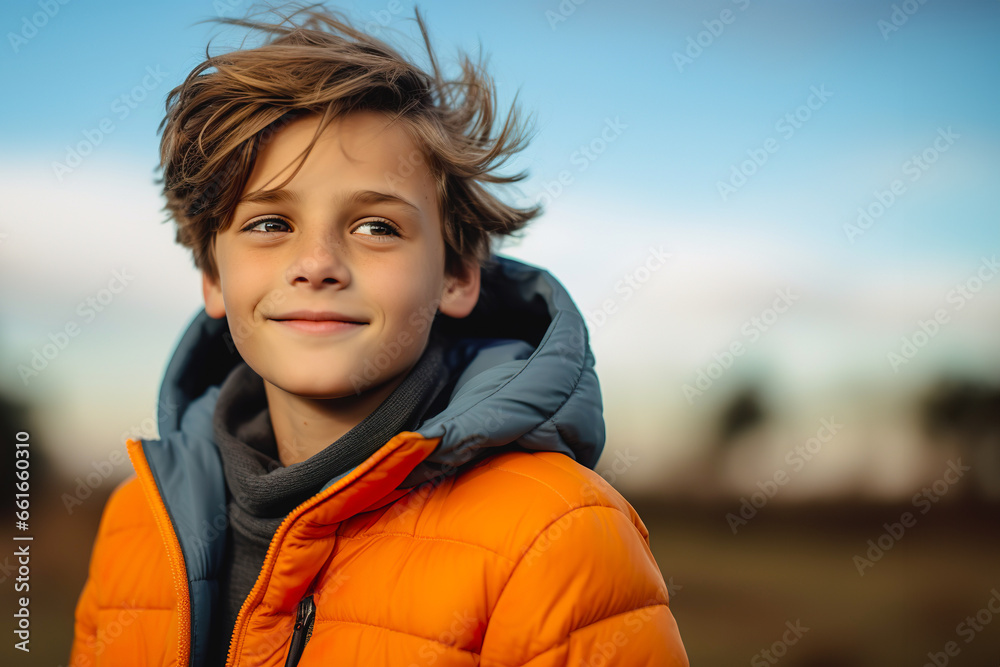 Casual outdoors portrait of Caucasian boy looking to the side - obrazy, fototapety, plakaty 