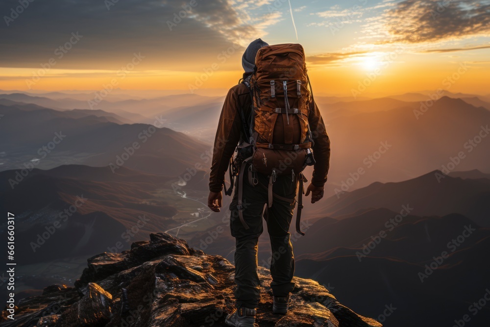 Obraz premium An exhilarating shot of a rock climber reaching the summit of a challenging peak, with the rugged wilderness stretching out below