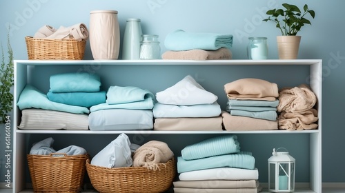 Bright and tidy laundry room with neatly folded linens  © Halim Karya Art