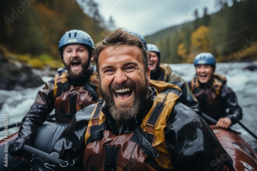An immersive photograph of a group of friends on a river rafting adventure, navigating challenging rapids and sharing hearty laughter, capturing the camaraderie and excitement of outdoor water sports