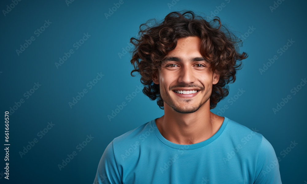 Joven latino, apuesto y sonriente, de cabello ondulado y apariencia saludable, vistiendo una playera, posando en un fondo color azul Joven latino, apuesto y sonriente, de cabello ondulado y apariencia saludable, vistiendo una playera, posando en un fondo color azul