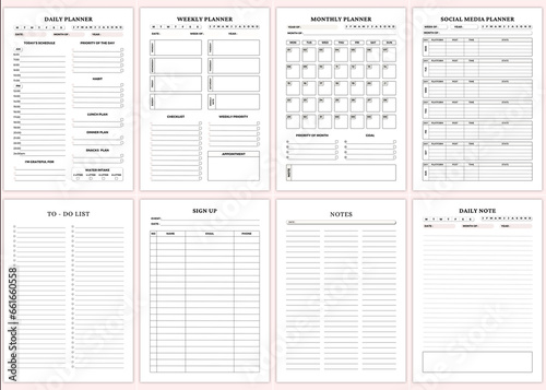 Minimalist planner pages templates. Daily Planner,Weekly Planner,Monthly Planner,Social Media Planner,Daily Note
