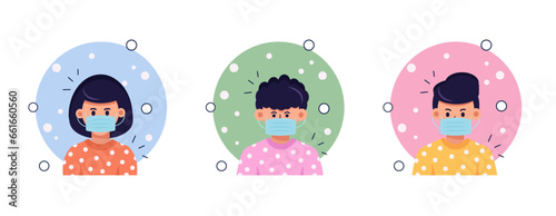 Set of lovely sweet cute people vector illustration with blue surgical face mask. Men, boy, girl, woman vector flat illustration with breathing medical respirator mask isolated on white background