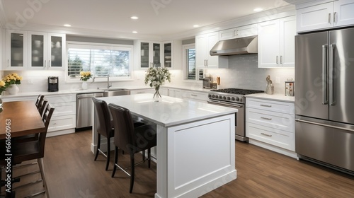 Immaculate white kitchen with gleaming stainless appliances 