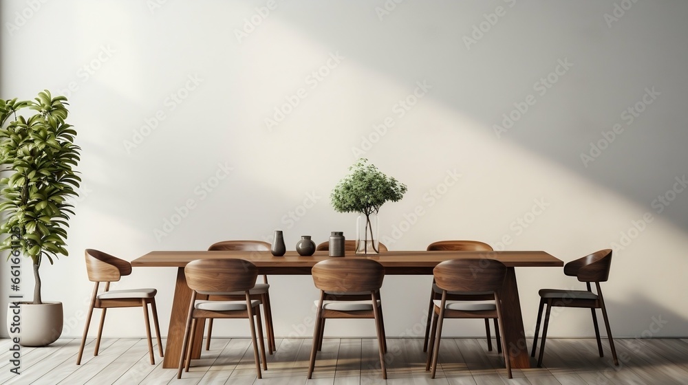 Fototapeta premium Minimalist dining room with a polished wood table 