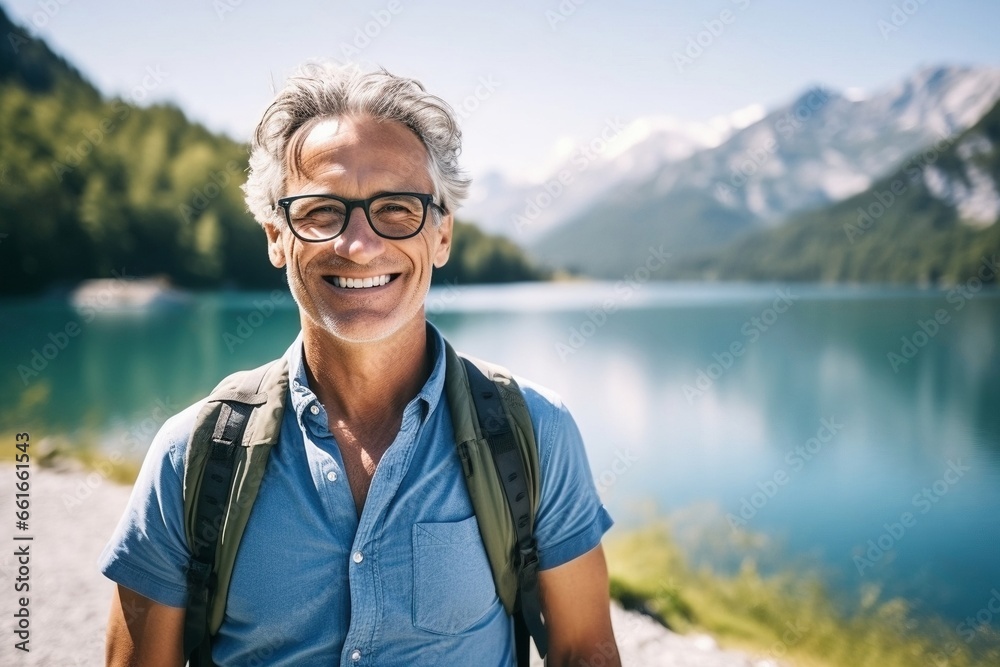 Fototapeta premium Smiling mature man standing against lake