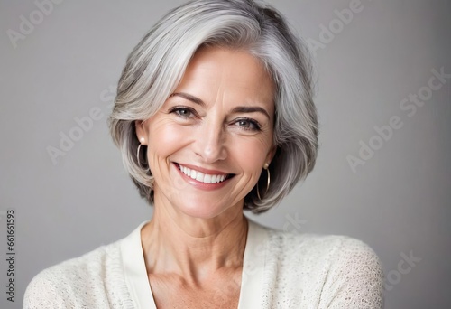 Portrait of beautiful gray-haired senior woman smiling for camera