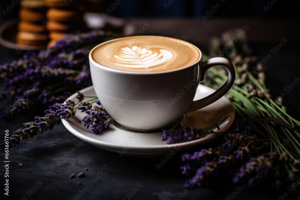 Homemade Cappuccino raf coffee with lavender on dark background. Close up. - obrazy, fototapety, plakaty 