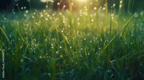 blurred grass background with dew drops and sunny bokeh with copy space