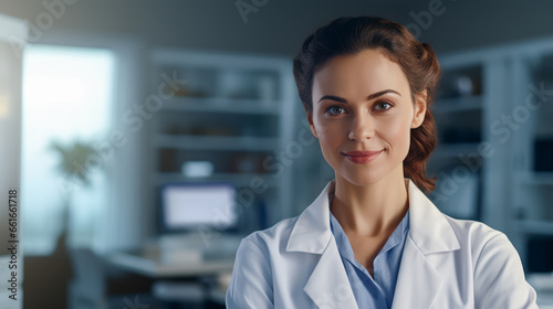 Young attractive Doctor woman standing in hospital. Concept of healthcare and medical treatment. Med Insurance. Copy space. Ai generative