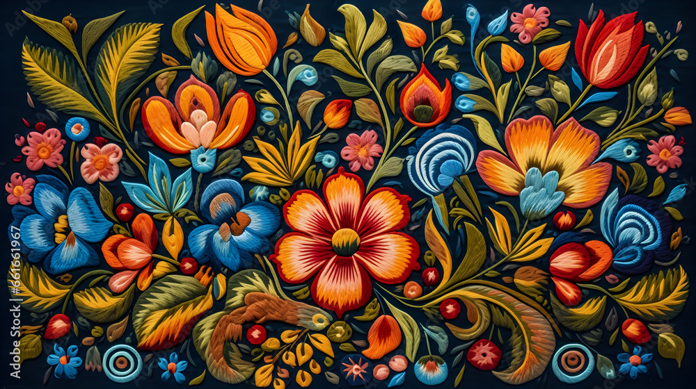 ethnic embroidery of floral motifs in satin stitch on a black background ethnic embroidery of floral motifs in satin stitch on a black background