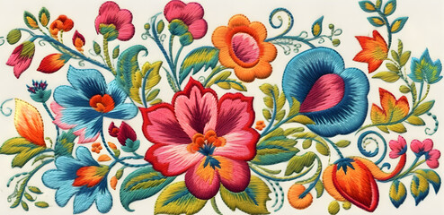 ethnic embroidery of floral motifs in satin stitch on a light background, wild flowers, bouquet, vintage craftsmanship