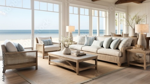 Coastal chic living room with light, beachy decor  © Halim Karya Art
