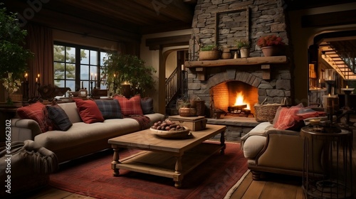 Country-style living room with a warm, inviting hearth 