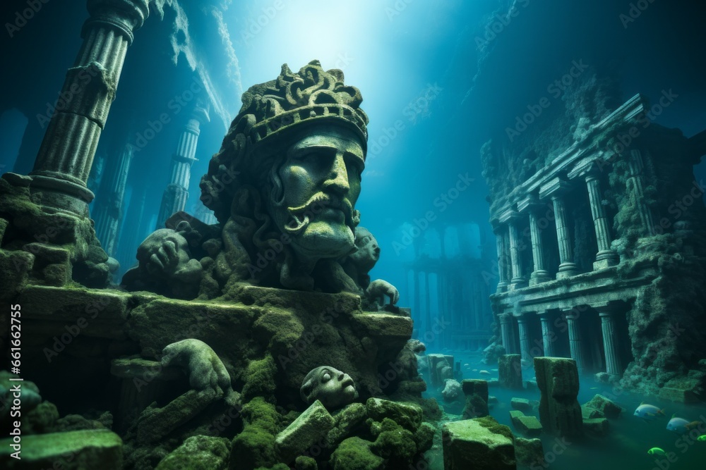 Fototapeta premium Legendary Atlantis. The sunken continent of an ancient highly developed civilization. Underwater historical discoveries