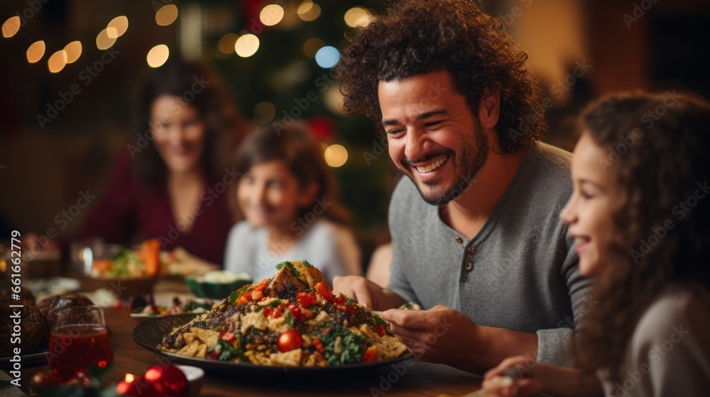A family having a holiday dinner together. Generative AI. A family having a holiday dinner together. Generative AI.