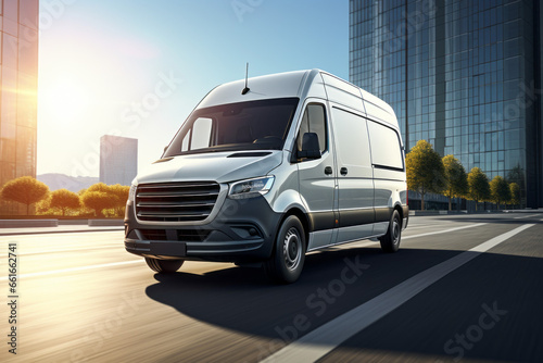 Modern delivery and retail service van. Transport logistics concept. Background with selective focus and copy space