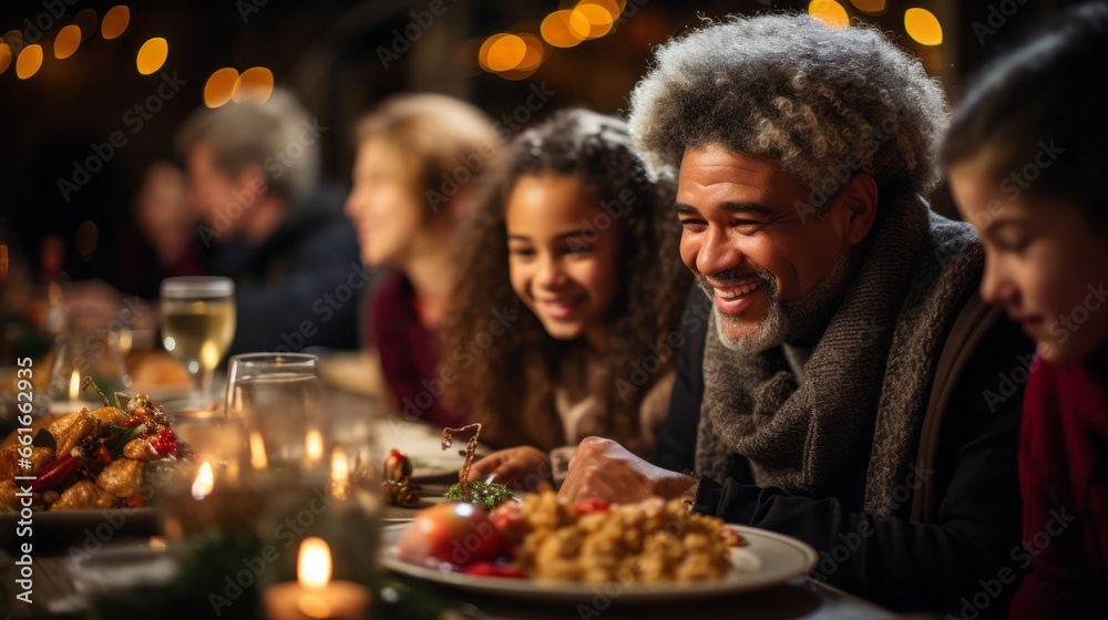 A family having a holiday dinner together. Generative AI. 