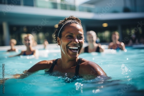Happy woman in the pool during group classes. Aqua fit concept. Portrait with selective focus © top images