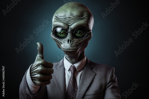 Alien shows thumbs up gesture. Portrait with selective focus and copy space © top images