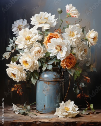 A pretty illustration with a blue background and delicate flowers in a vase in a loose painterly style. Generative AI. 