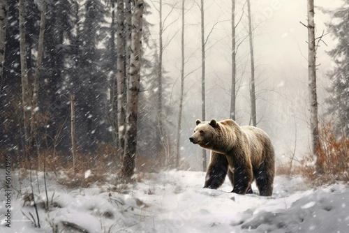 Young bear walking in snowy terrain with a backdrop of trees. Generative AI © Tanith