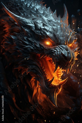 A ferocious dragon with a fire. Generative AI. 