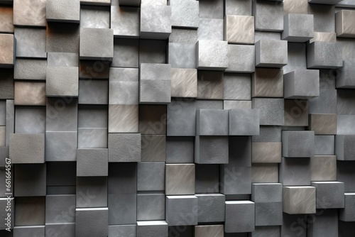 Arrangement of square, polished mosaic tiles forming a 3D concrete block background. Generative AI © Azeneth