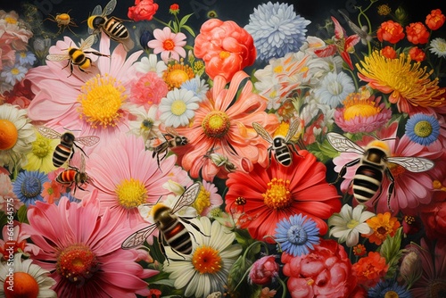 A vibrant composition of bugs and gerberas amidst the beauty of summer and spring blossoms with bees. Generative AI
