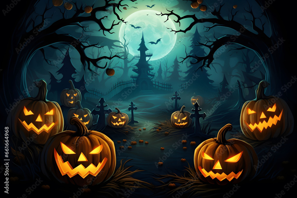 A Halloween vector background with a moonlit pumpkin patch and mischievous ghosts playing among the pumpkins. Generative Ai.NO.03 A Halloween vector background with a moonlit pumpkin patch and mischievous ghosts playing among the pumpkins. Generative Ai.NO.03