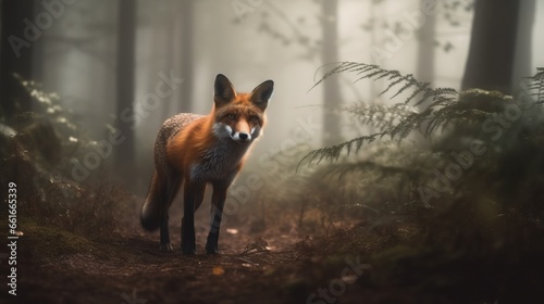 A fox in the foggy woods. Generative AI. 
