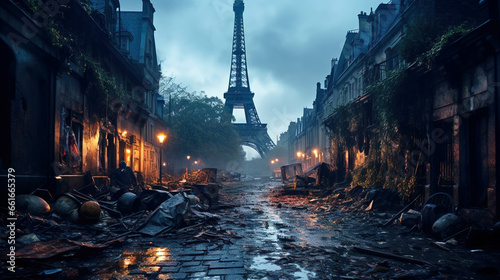 Post apocalypse in Paris, apocalyptic view of destroyed city street at dusk © Natalya