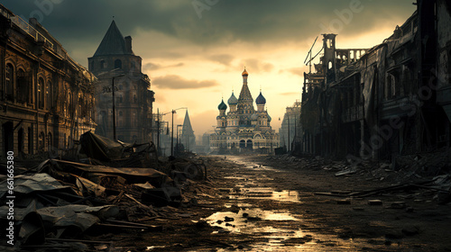 Post apocalypse in Russia, apocalyptic scene of destroyed city at sunset