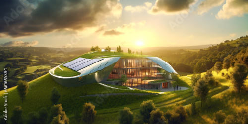 Futuristic sustainable villa, modern house with solar panels at sunset