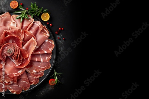 Italian cured meats on a black background viewed from the top with text space photo