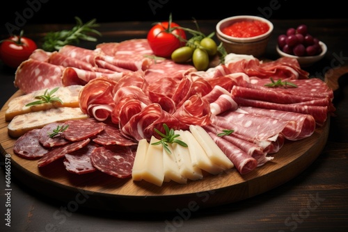 Italian appetizers a tray containing cured meats and cheese