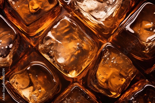 Macro close up of ice cubes in whiskey or another alcoholic beverage featuring a crystal design against a textured background photo